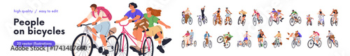 Happy active people riding bicycles set. Men, women and kids cycling in helmets. Excited cyclists on bikes. Young smiling bicyclists pedaling. Flat vector illustration isolated on white background