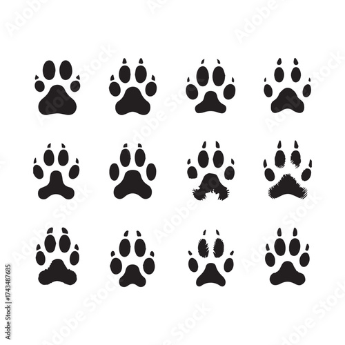 Twelve Black Silhouette Icons of Animal Paw Prints with Varied Textures and Styles on White Background