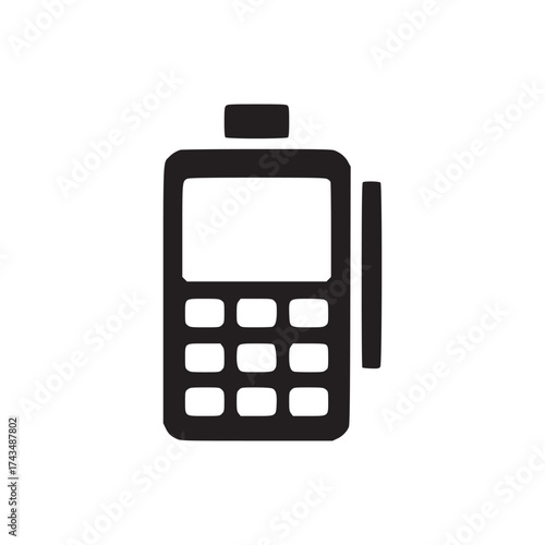 A simple black and white illustration of a pos terminal with a blank screen and button keypad design