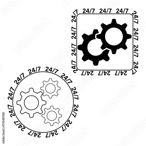 Set 24 7 icons. Vector gear symbols. Open twenty four seven. Customer support emblems.
