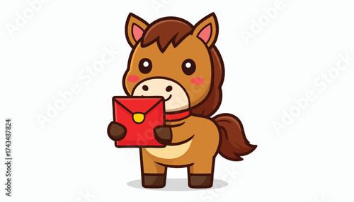 Cartoon horse holding a red envelope with a golden clasp, isolated on a white background.