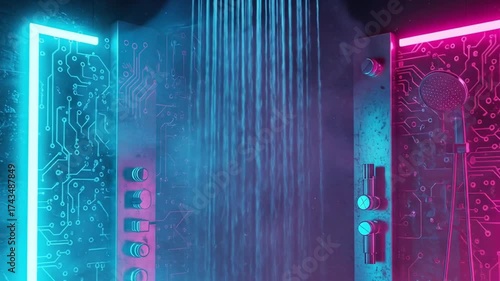 Futuristic shower design with neon lights and circuit board panels