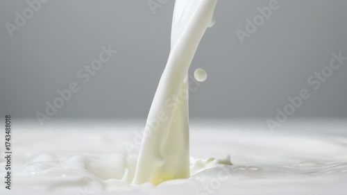 A stream of creamy white liquid pouring into a pool, creating a ripple effect, against a gray background