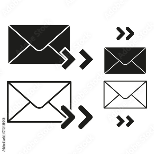 Email message arrows. Mailing workflow symbols. Vector communication icons. Black and white mail.