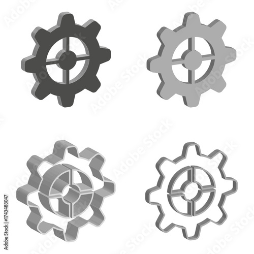 Four gear icons. Mechanical cogwheel set. Vector settings element. Gray shadow effect.