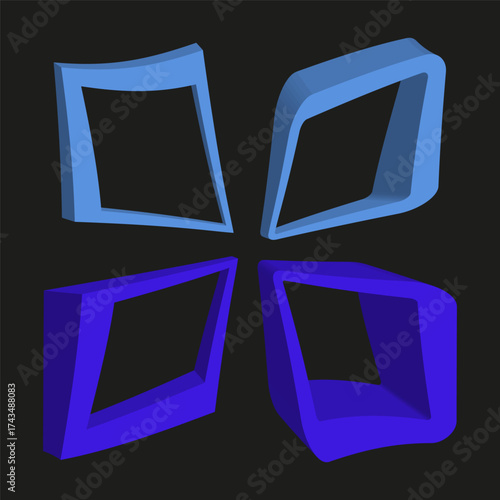 Blue square frames. Abstract hollow shapes. Modern 3D illustration. Vector geometric objects.