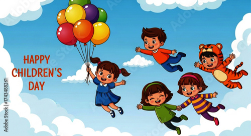 Cartoon Children Flying with Balloons Celebrating Happy Children's Day