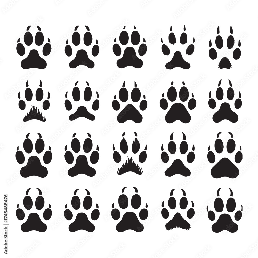 Fototapeta premium Twenty black animal paw prints and tracks arranged in a grid on a white background animal track