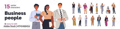 Diverse business people, businessmen and businesswomen set. Employees, office workers, managers, entrepreneurs, CEO. Men and women professionals. Flat vector illustration isolated on white background