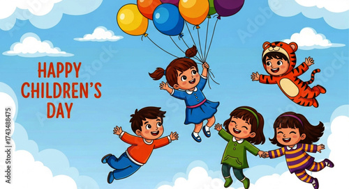 Happy Children's Day Illustration: Kids Flying with Balloons, Celebrating Together