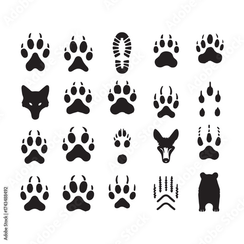 Twenty black animal paw prints, animal heads, and a boot print on a white background footprint