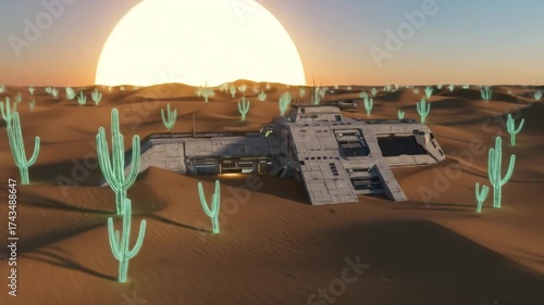 Futuristic spacecraft in desert landscape with glowing cacti concept