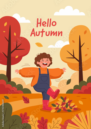 Autumn season illustration poster design with children playing in the park, falling leaf for social media post, banner, or presentation.