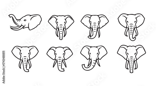 Collection of eight stylized elephant head outline drawings for artistic and creative projects vector