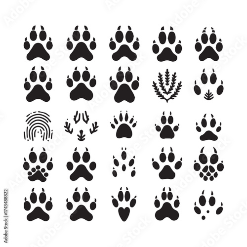 Twenty- Five Black Silhouette Icons of Paw Prints, Fingerprint, and Nature Elements animal track