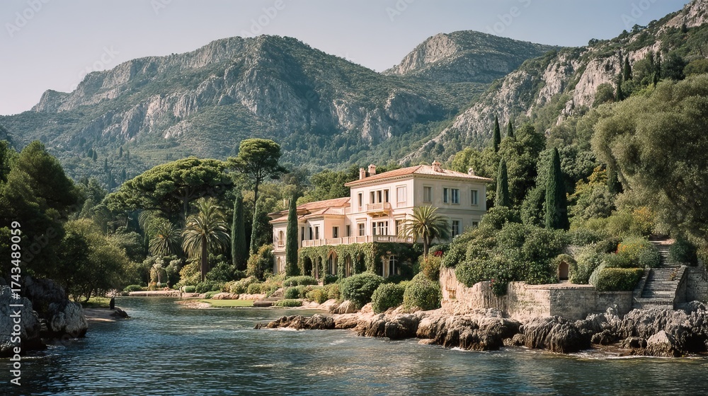 Fototapeta premium Luxury Villa by the Sea: A majestic villa sits peacefully beside a tranquil sea, nestled amongst verdant, undulating hills. A picture of opulence, serenity, and architectural grandeur. 