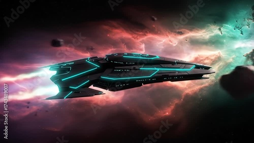 Futuristic spaceship travels through space with dynamic energy