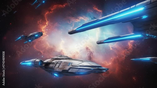 Futuristic spaceship fleet flying through a nebula with vibrant colors