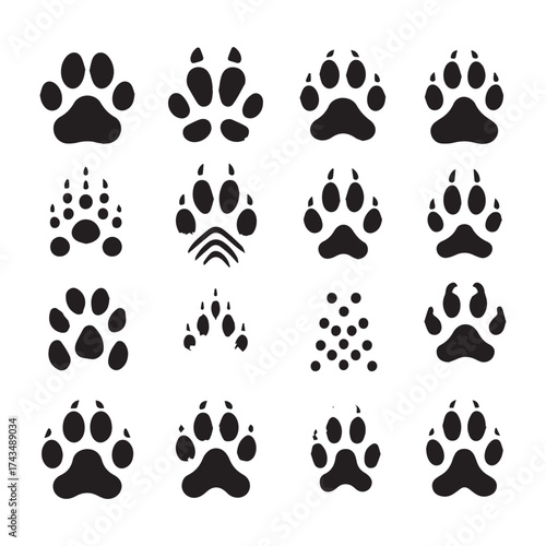 Variety of black silhouette animal paw prints and abstract patterns on a white background animal track