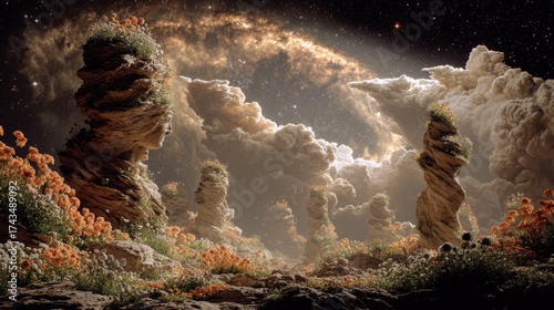 Mystical Cloudscape: A surreal panorama unfolds, showcasing majestic rock formations that touch the celestial canvas of swirling clouds and distant stars.