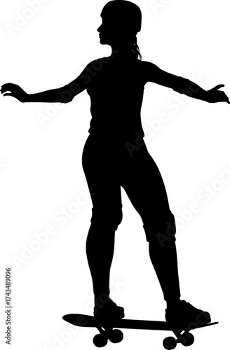A skateboard woman or girl female skateboarder in silhouette.