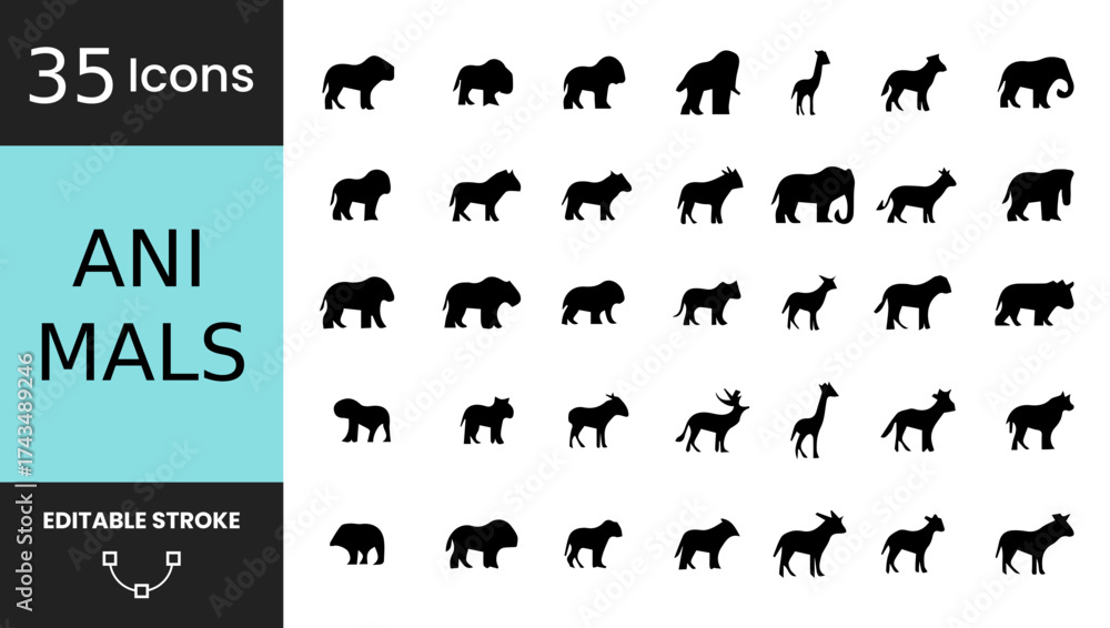 Obraz premium 35 Wild Mammals Vector Icons Set: Editable Stroke Line Art for UI, Apps & Web. Diverse Wildlife Silhouettes including Lion, Elephant, Giraffe & Bear for Nature Design