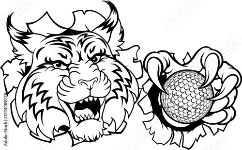 A wildcat or bobcat with golf ball sports team cartoon animal mascot