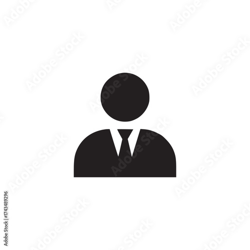 A simple black and white icon of a person wearing a suit and tie on a plain white background image