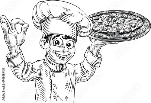 Black and white woodcut style illustration of a cheerful Italian chef holding a tray with a freshly baked pizza. For pizzeria, restaurant menus, culinary branding, and vintage style food packaging.