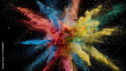 A vibrant cloud of colored powder explodes against a black backdrop, forming a spectacular abstract design