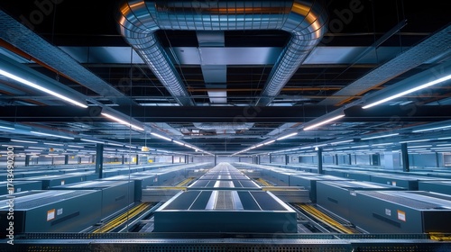 A modern data center with rows of servers and advanced cooling systems. Bright LED lights illuminate the cold aisle, showcasing efficient design for cloud computing.