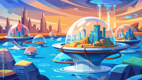 Futuristic coastal city rising from crystal-blue water, floating docks, and transparent domes under golden sunlight, symbolizing human creativity and harmony with ocean energy.
