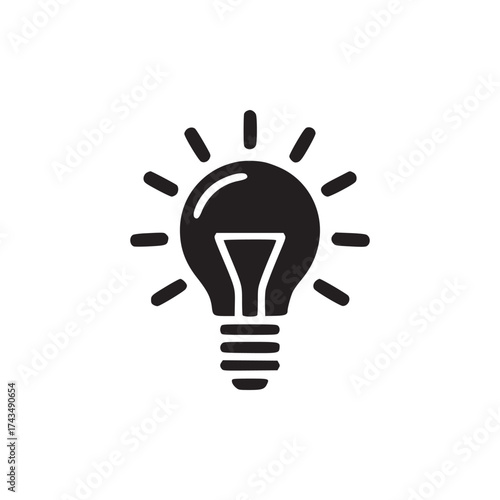 A simple black lightbulb icon with radiating lines on a plain white background in a centered view