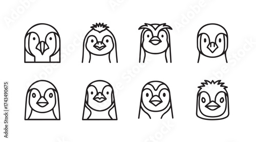 Set of eight adorable hand drawn penguin portraits with different expressions and styles vector