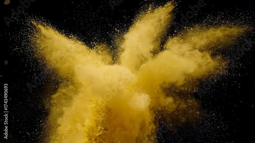 A dynamic shot of a cloud of yellow particles exploding and dispersing against a black backdrop