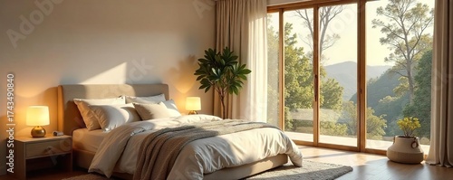 Tranquil Bedroom Interior Soft Lighting, Calming Colors, and Comfortable Bedding Create a Peaceful Sleep Sanctuary for Wellness and Relaxation