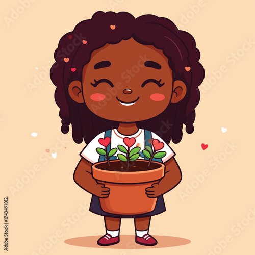 A cheerful cartoon girl holding a potted plant with heart-shaped flowers, smiling happily.