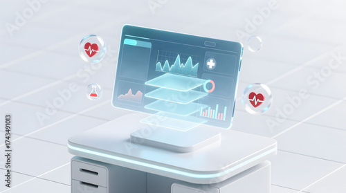 Doctor's hand interacting with a glowing AI robot on a futuristic medical interface, accessing and analyzing patient health records and vital signs.