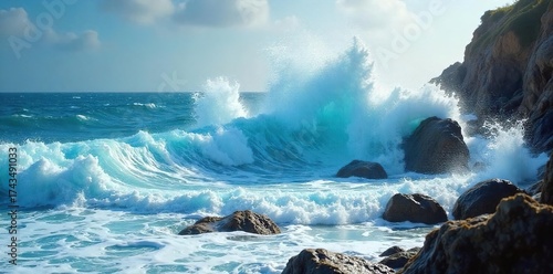 Powerful Ocean Waves Crashing on Rocky Coastline Turquoise Waters and Raw Energy of the Sea