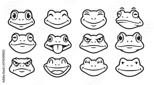 Collection of diverse cartoon frog faces with expressive emotions and various expressions for design vector