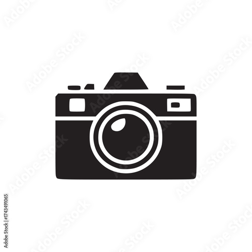 Isolated black camera icon with a lens and flash on a white background in a simple minimalist style