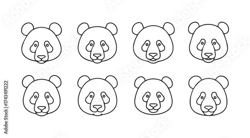 Eight unique panda bear faces line art sketches expressing different emotions and moods vector