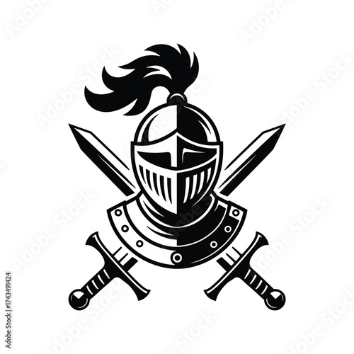 Black and white medieval knight helmet with crossed swords emblem armor