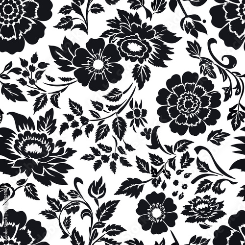 Elegant black and white floral pattern with detailed petals and leaves.