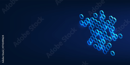 Nanotechnology medical illustration with layered hexagon molecular structure, glowing particles, and futuristic healthcare concept