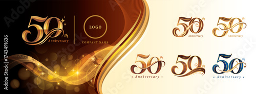 Set of 50th Anniversary logotype design, Fifty years Celebrating Anniversary Logo, Golden Elegant Serif Number 50 Letters, Luxury Classic Retro Logo for Congratulation celebration event, greeting.