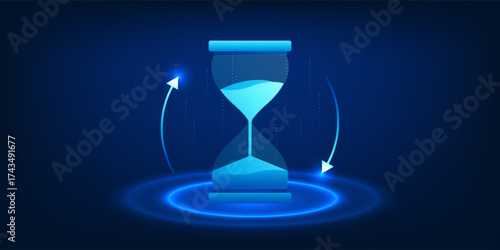 Futuristic digital hourglass surrounded by rotating arrows, symbolizing time flow, technological evolution, and continuous progress in the digital era