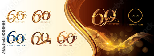 Set of 60th Anniversary logotype design, Sixty years Celebrating Anniversary Logo, Golden Elegant Serif Number 60 Letters, Luxury Classic Retro Logo for Congratulation celebration event, greeting.