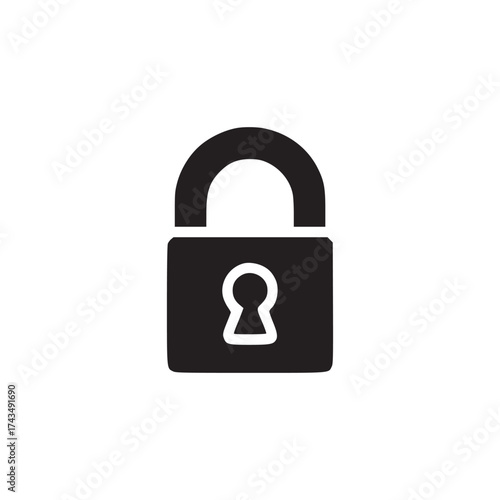 A simple black padlock icon with a keyhole design isolated on a plain white background in a minimalist style