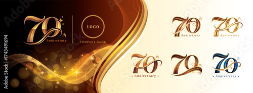 Set of 70th Anniversary logotype design, Seventy years Celebrating Anniversary Logo, Golden Elegant Serif Number 70 Letters, Luxury Classic Retro Logo for Congratulation celebration event, greeting.